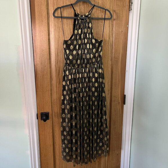 Anthropologie | Sunday in Brooklyn Black & Gold Polka-Dot Shimmer Midi Dress | S - Picture 4 of 10